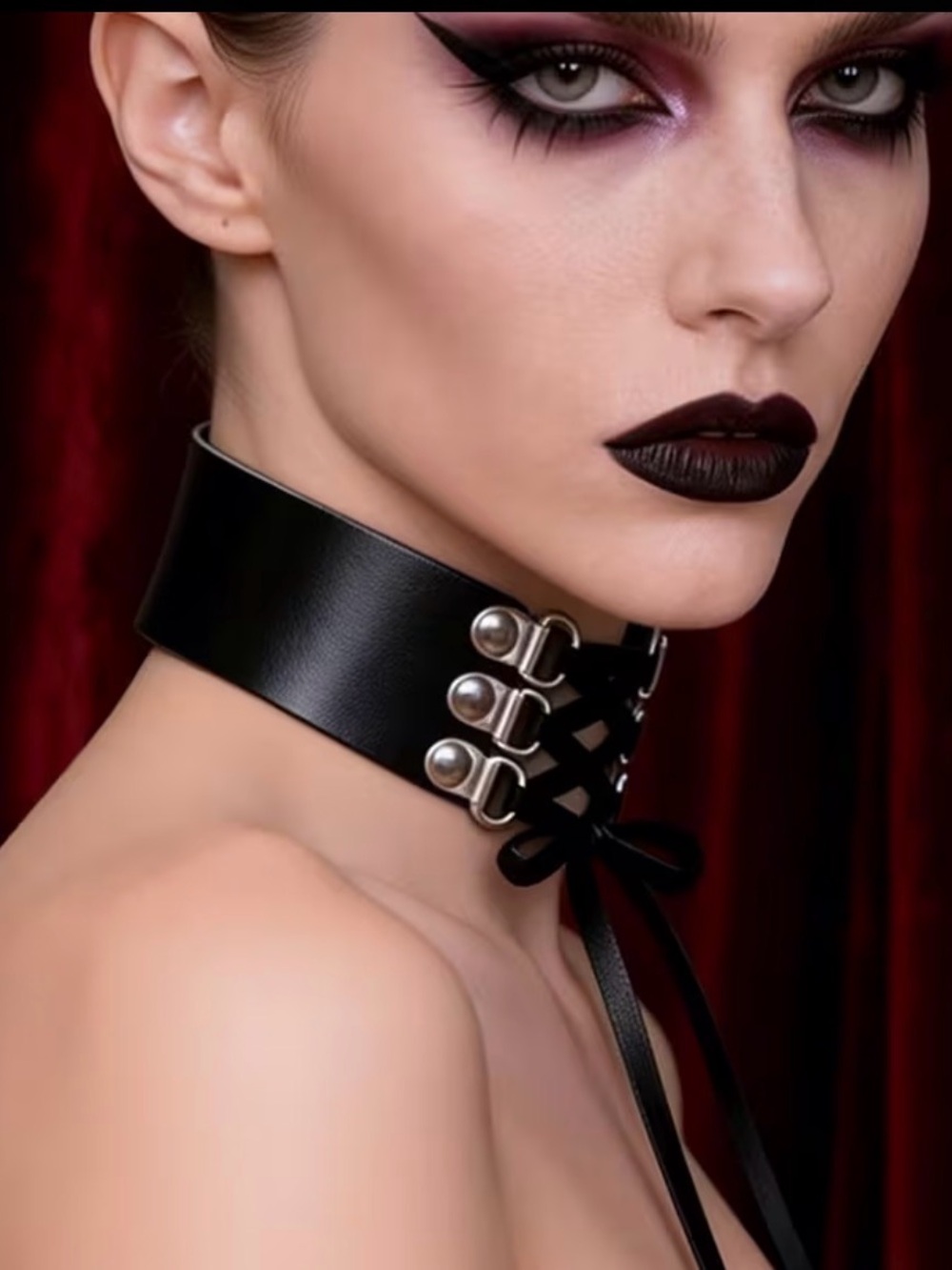 Black Faux Leather Lace-Up Gothic Choker Necklace